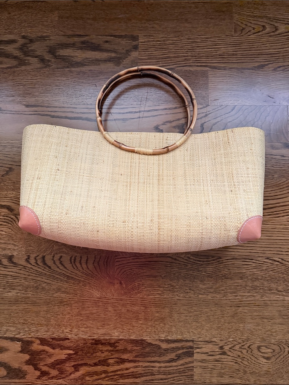 Large fabric lined Straw Tote Bag with Bamboo Handles - Natural - Picture 5 of 14